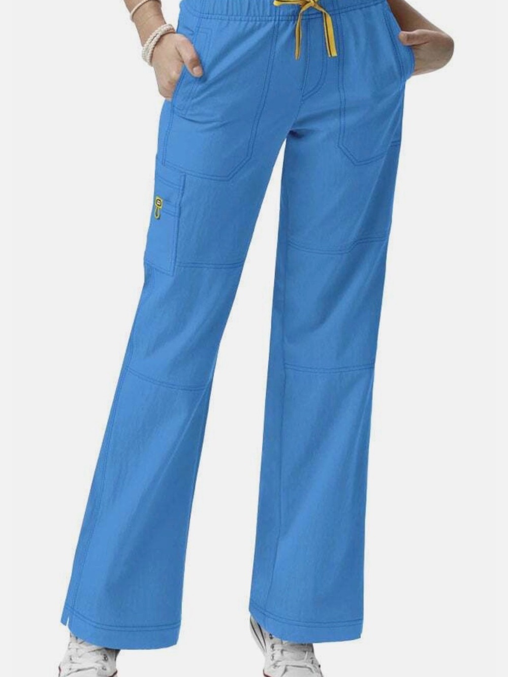 WonderWink Women's Flare Scrub Pants in Sky Blue with Yellow Drawstring